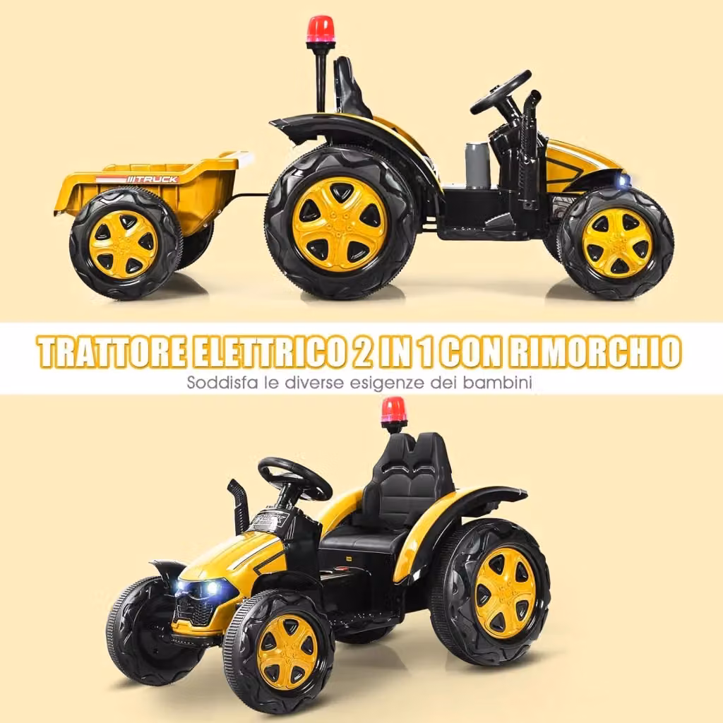 Trattore Elettrico per Bambini 2 in 1 Go Kart con Rimorchio COSTWAY, Giallo, con Telecomando e Cintura di Sicurezza – 2