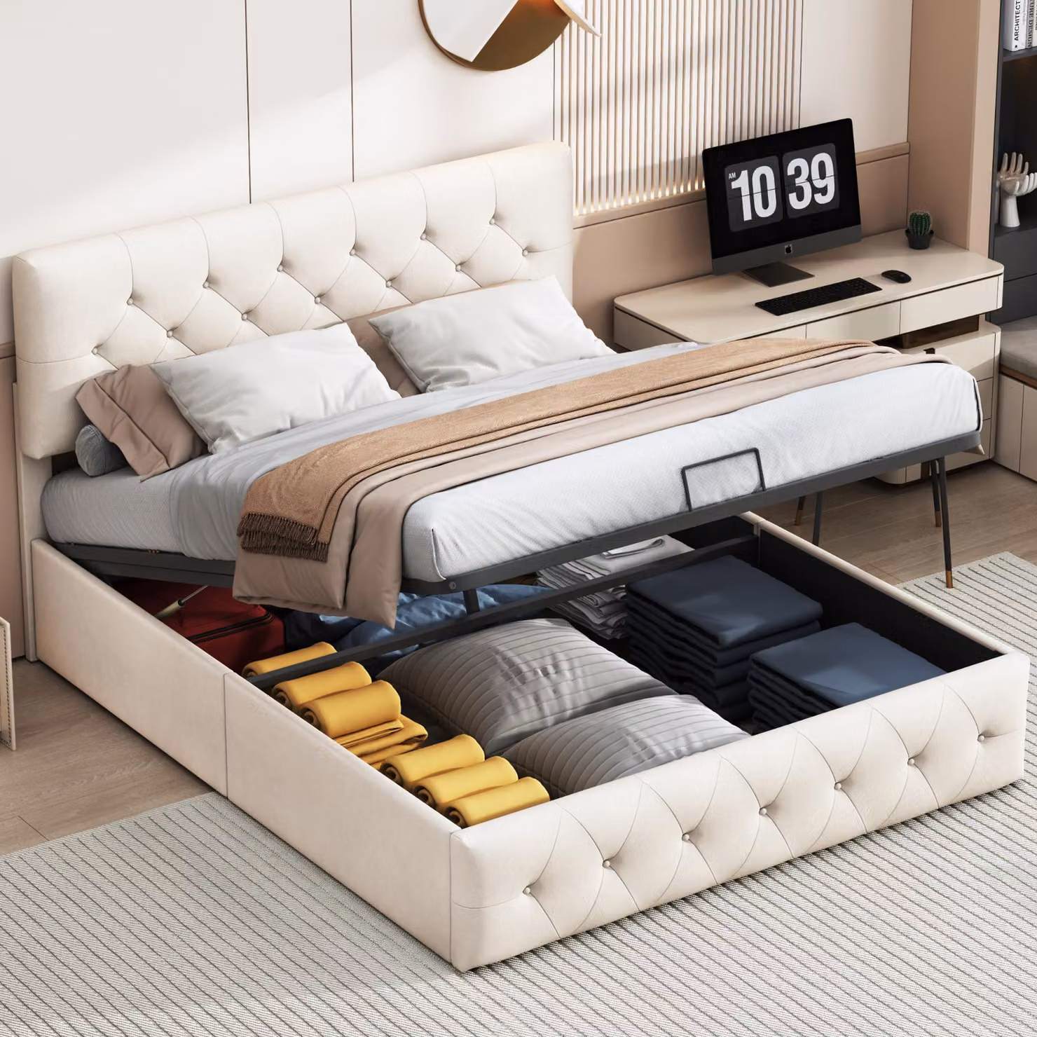 Letto matrimoniale 160 x 200 cm,letto per adulti,letto imbottito,con rete a doghe,leva idraulica,tessuto in velluto,beige