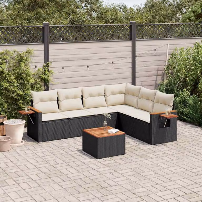 vidaXL Set Divano da Giardino a L con 7 Pezzi in Polyrattan Nero e Tavolino, con Cuscini Imbottiti e Rivestimenti Rimovibili Resistenti ai Raggi UV