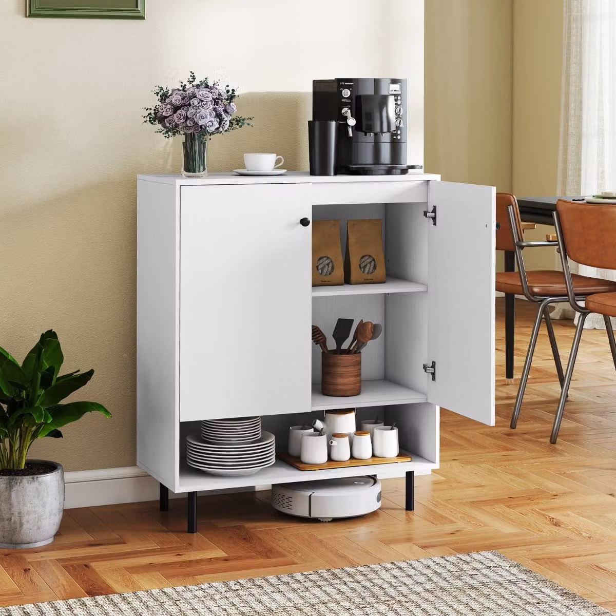Madia buffet Costway con ripiano regolabile e kit anti-ribaltamento, armadio moderno a 2 ante per cucina, soggiorno e sala da pranzo, Bianco opaco