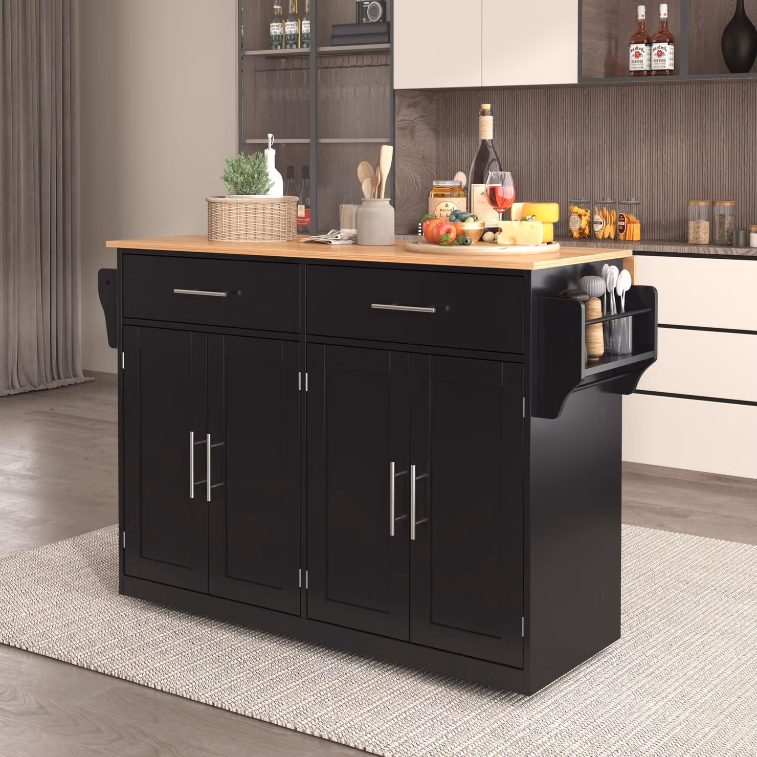 MODFU Mobile da cucina Carrello di servizio con piano ribaltabile, 120x46(70)x91 cm, Mobile con rotelle e piedini in legno sostituibili per soggiorno, camera da letto, mobile multiuso, Nero