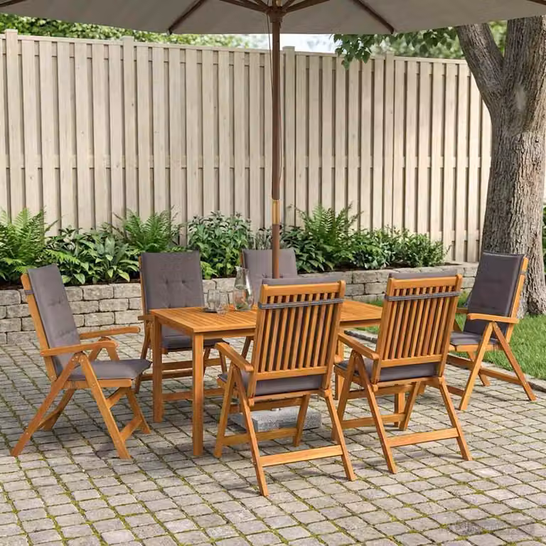 Set da pranzo da giardino vidaXL in legno di acacia naturale con 7 pezzi e cuscini marroni