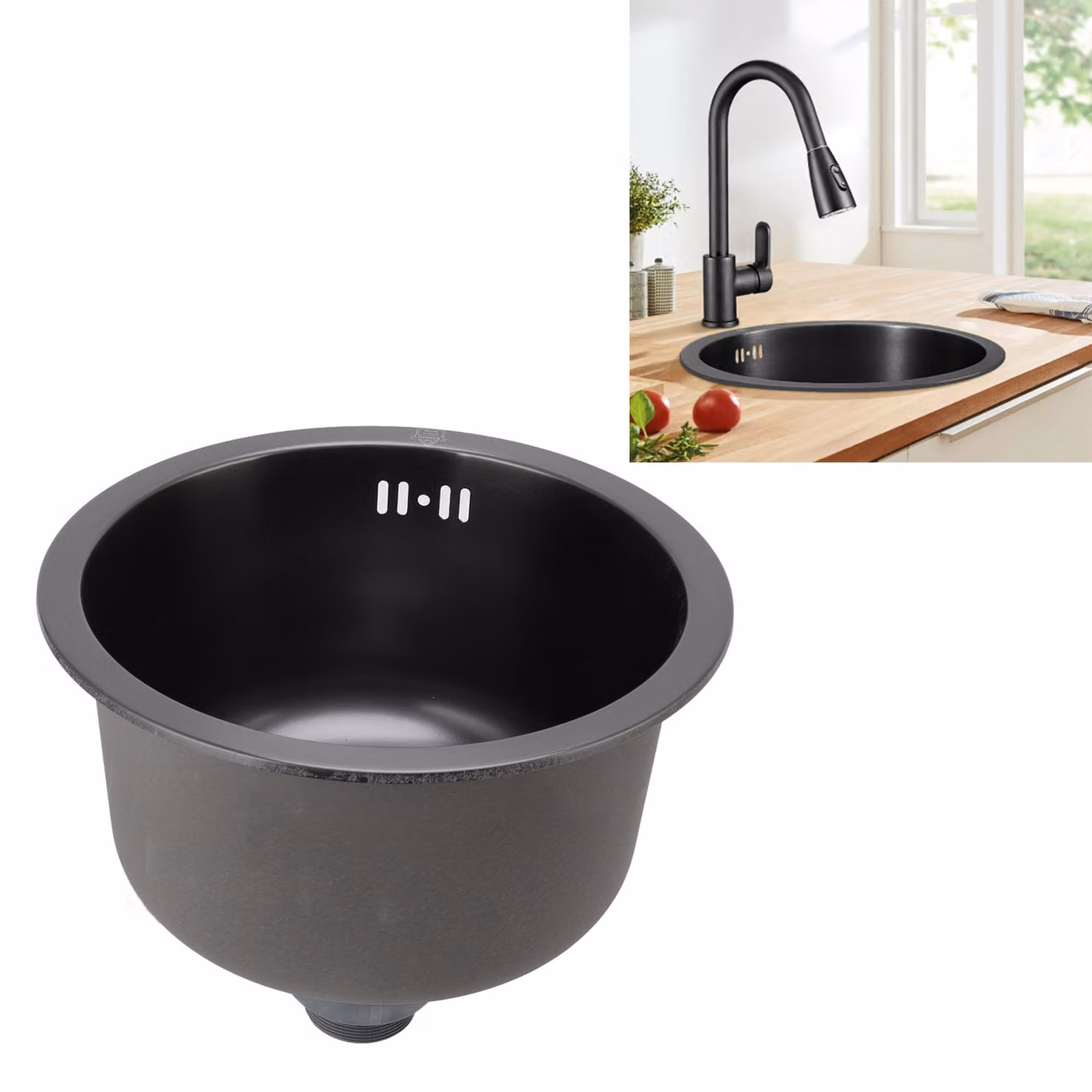 Mini lavello rotondo da cucina - lavello a vasca singola in acciaio inox con accessori di scarico, nero, per uso domestico
