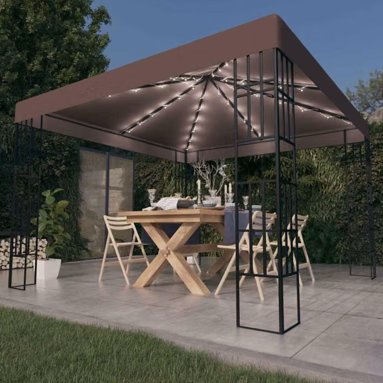 vidaXL Gazebo con Luci a Stringa LED in Acciaio e Poliestere, L: 300 cm, P: 300 cm, H: 260 cm, Grigio