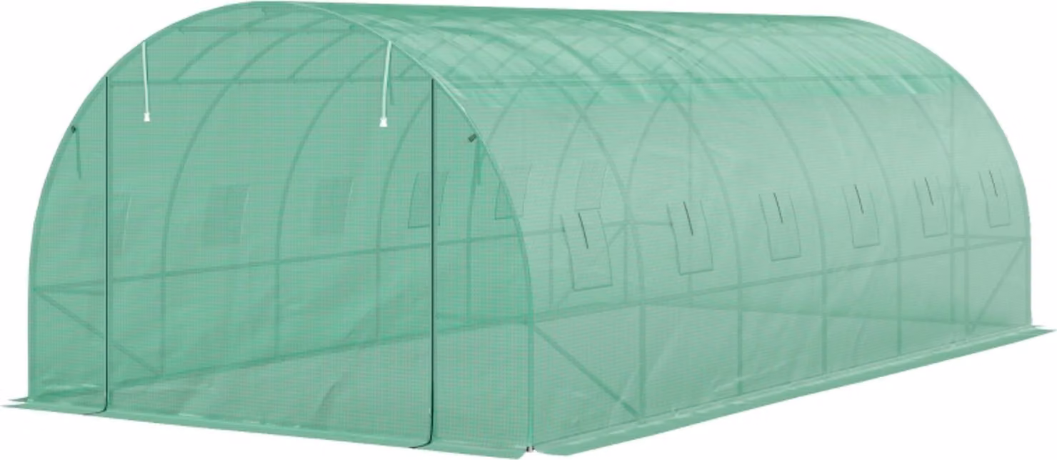 Serra a tunnel con copertura in plastica e telaio in acciaio, serra-tenda accessibile con porte a rullo, verde