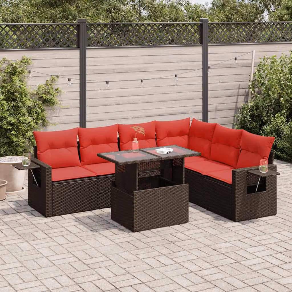 Set da giardino vidaXL composto da 7 pezzi con poltrona ad angolo, tavolino da caffè e cuscini in polyrattan marrone e rosso