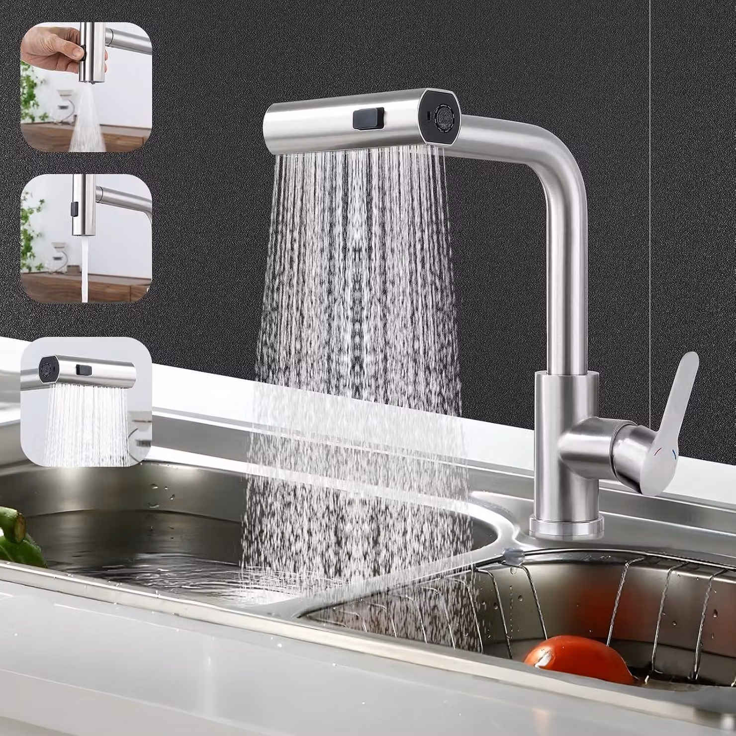 Miscelatore da cucina estraibile, cromato, girevole a 360°, per cucina
