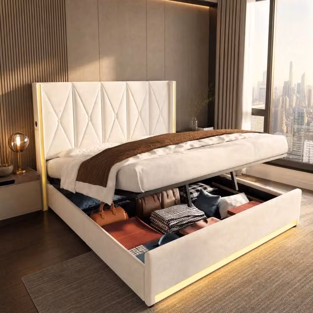 Letto imbottito in velluto con testiera alta trapuntata; contenitore; LED; USB/Type-C; beige; 180x200 cm