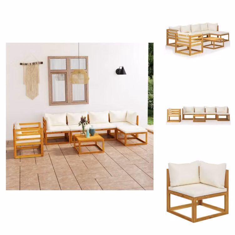 vidaXL set da salotto da giardino 7 pezzi con cuscini crema in legno massiccio di acacia - Set di mobili da giardino