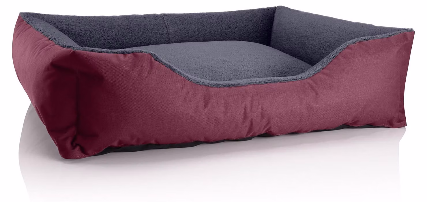 Letto per cani BedDog TEDDY, divanetto lavabile con bordo e cuscino, CHERRY-ROCK (bordeaux/grigio), (XL) ca. 100x85x23 cm