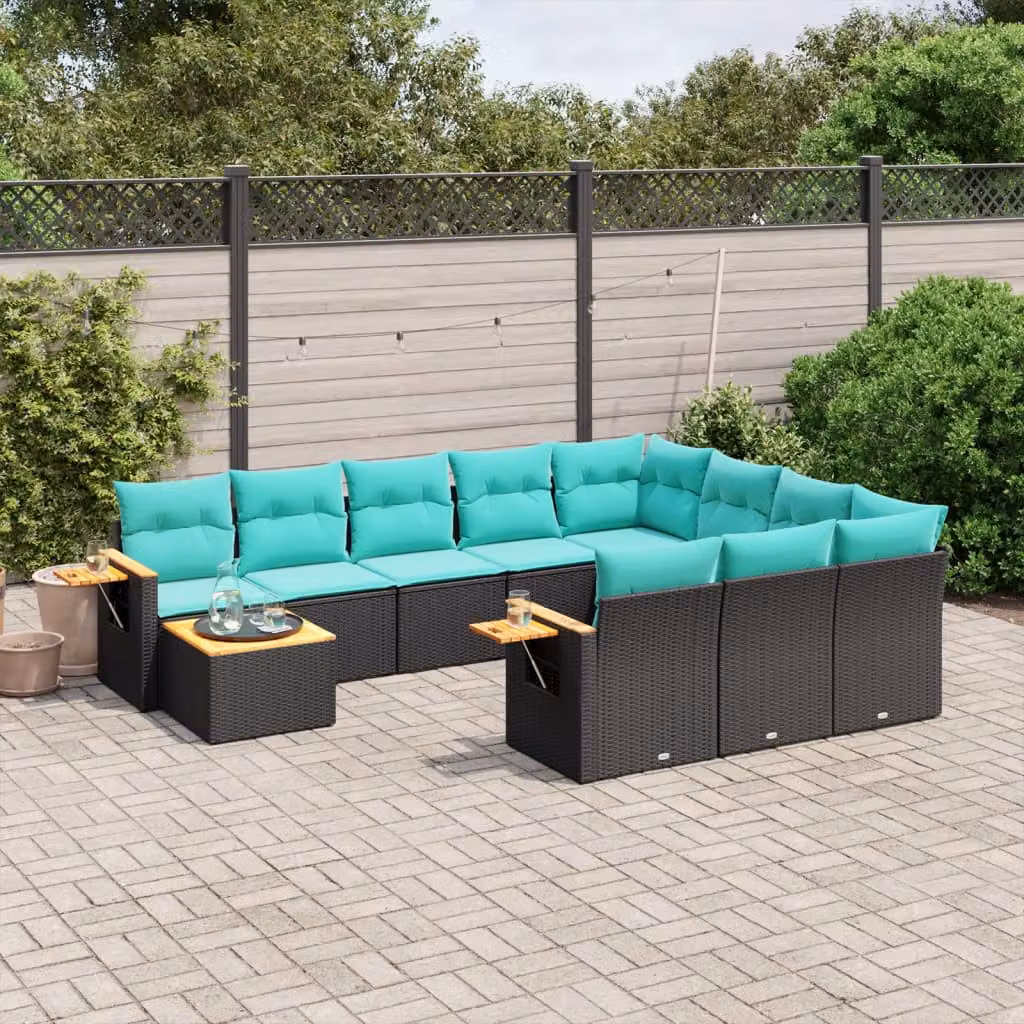 vidaXL Set Divani da Giardino 11 pz in Polyrattan Nero con Cuscini Blu e Coperture Rimovibili – 1