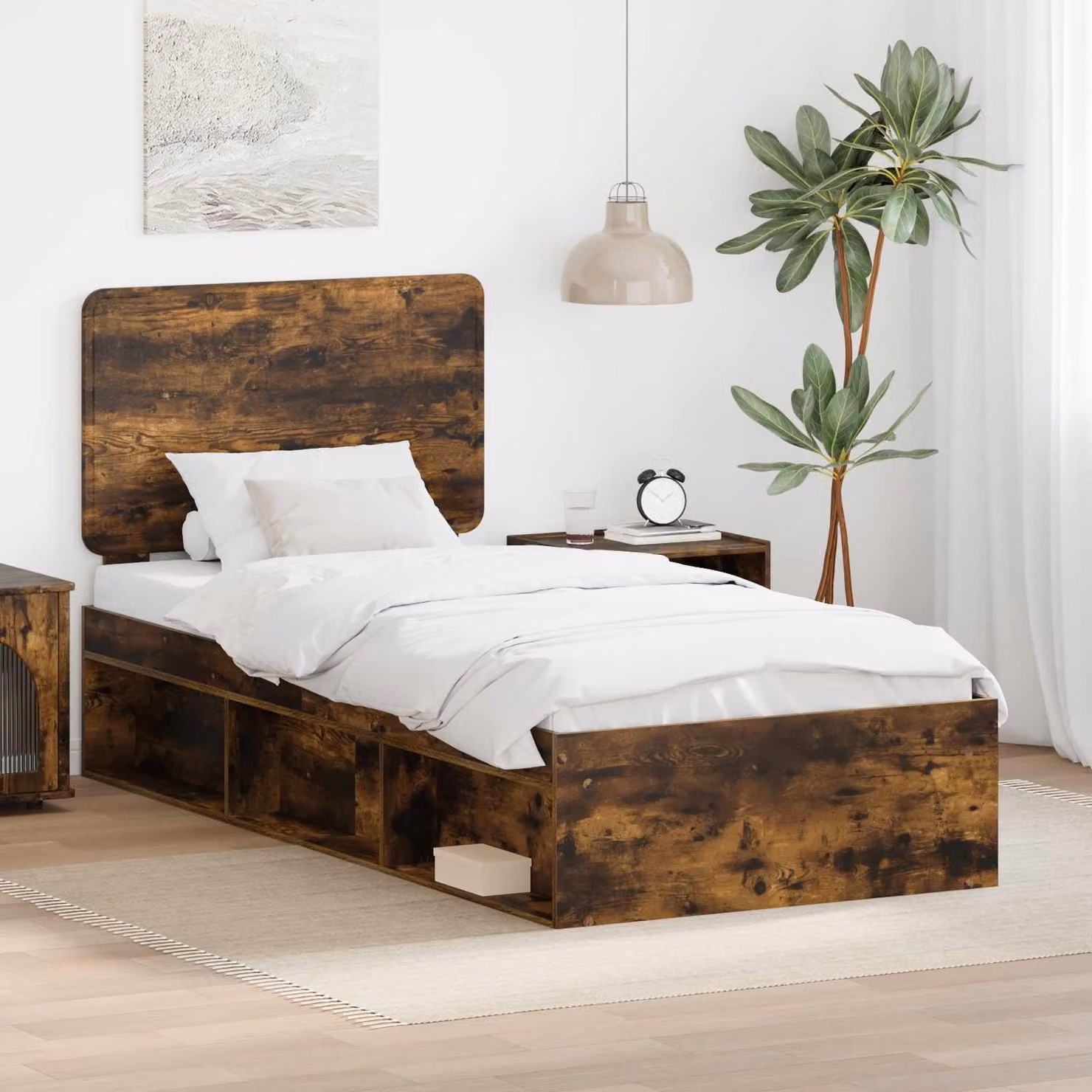 Struttura del letto moderna vidaXL in pino massello e legno, colore rovere fumé, L/P/H: 200 x 90 cm