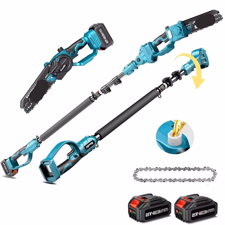 Mini motosega a batteria – 2-in-1 (tagliabordi e motosega) – Albero telescopico – Doppia batteria
