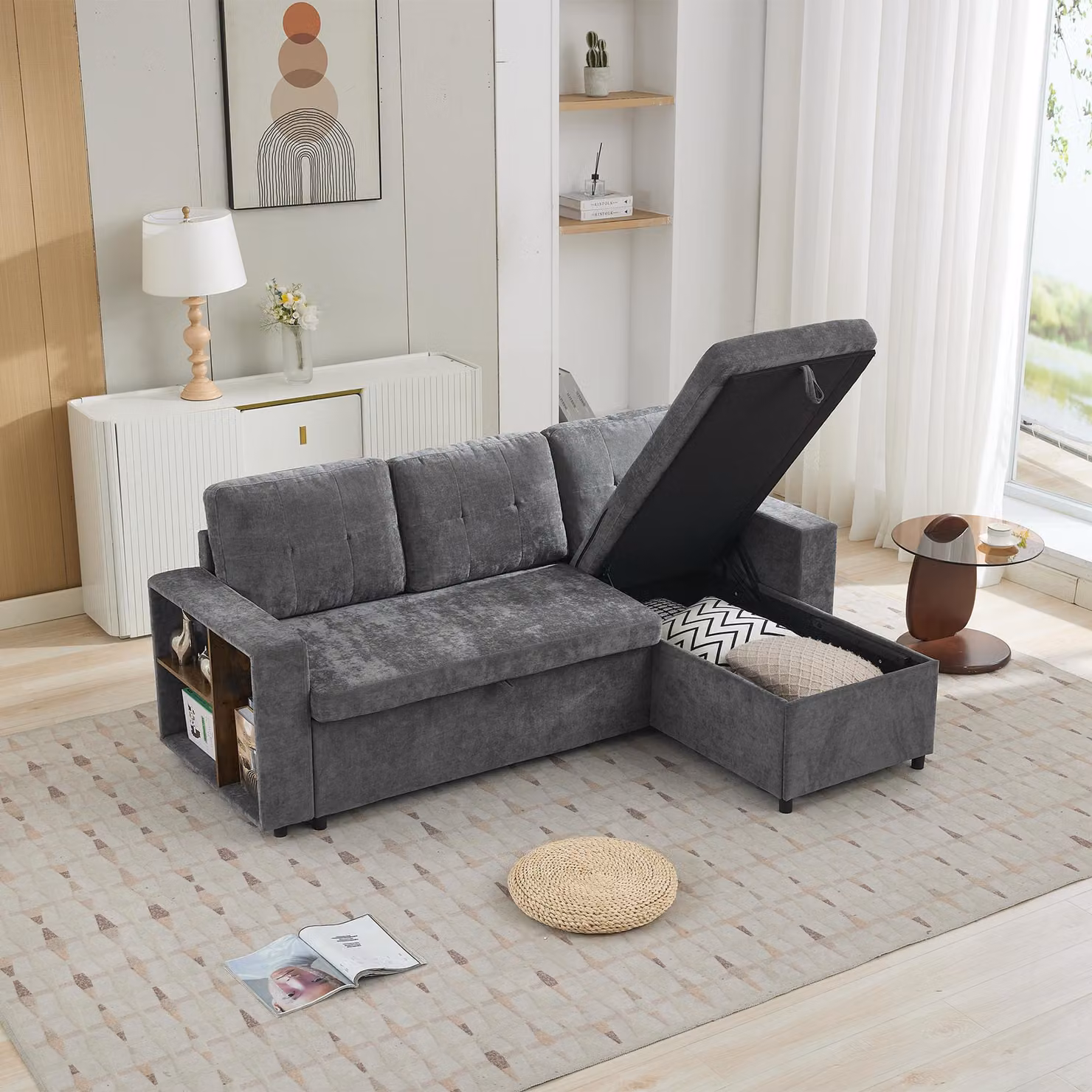 Divano ad angolo a tre posti MODFU, divano a L con chaise longue e vano portaoggetti, orientabile a destra o a sinistra, divano letto con cuscini per lo schienale, braccioli con ripiani, ciniglia, grigio
