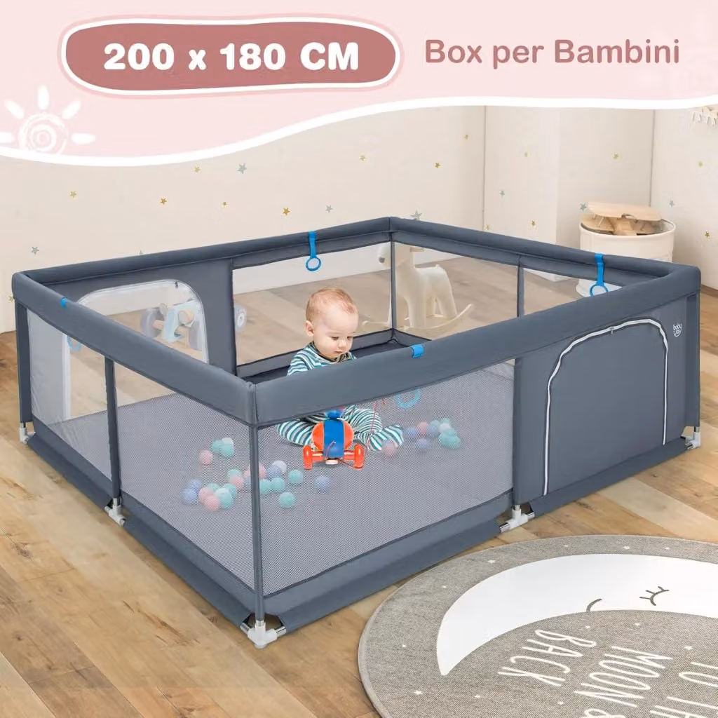 Costway Recinto da gioco per bambini con rete traspirante e palline, Parco giochi rettangolare in metallo e tessuto, Grigio, L: 200 cm, P: 180 cm, H: 68 cm – 2