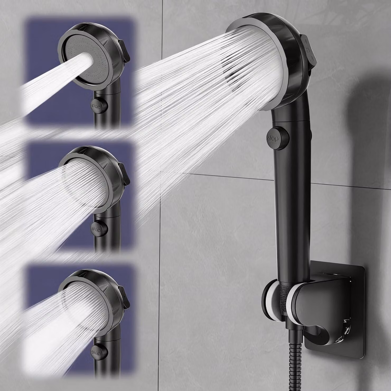 Doccia a risparmio idrico con filtro, 3+1 modalità di spruzzo, soffione manuale ad alta pressione con interruttore on/off, colore nero