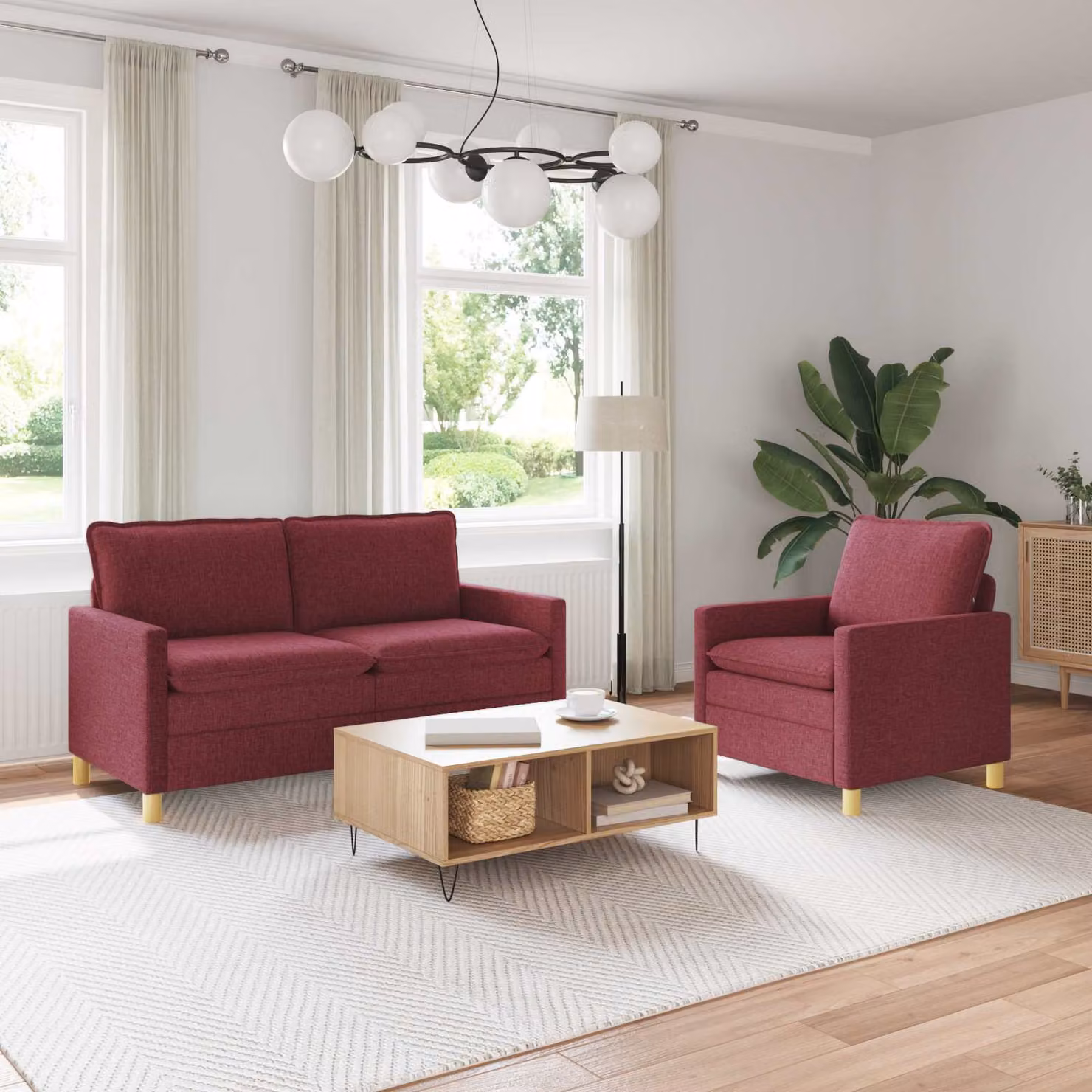 Set di 2 divani moderni vidaXL in tessuto rosso con struttura in metallo e coperture rimovibili