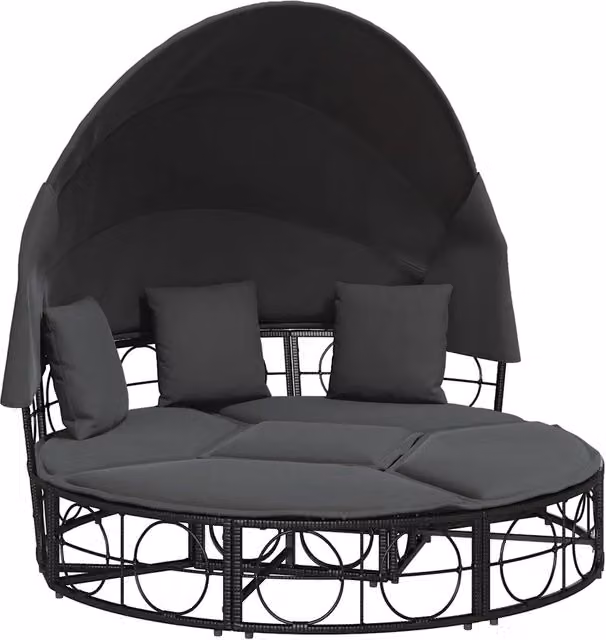 Lettino Prendisole | Sdraio da giardino | Lettino da sole Esterno Tetto e Cuscini Nero in Polyrattan