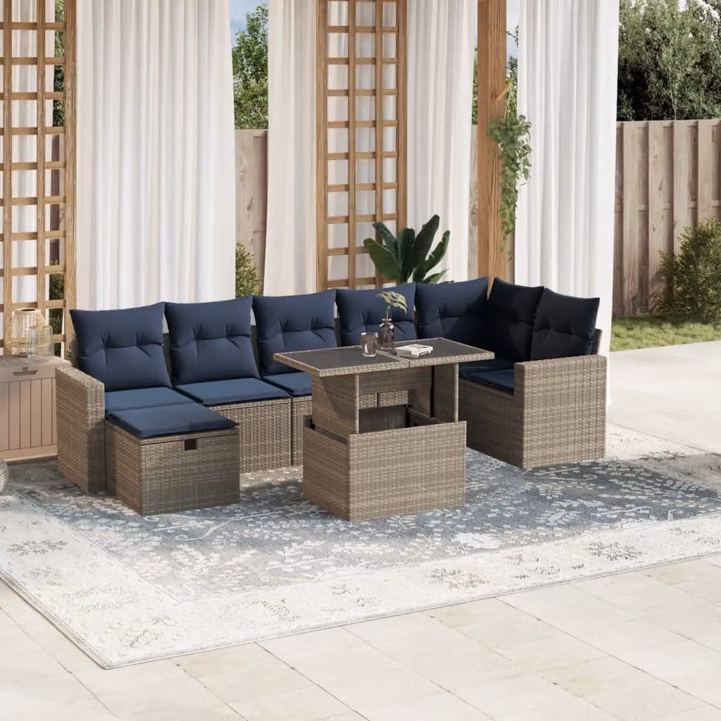 Set Divani da Giardino vidaXL 8 Pezzi in Polyrattan Grigio con Cuscini e Tavolino da Esterno