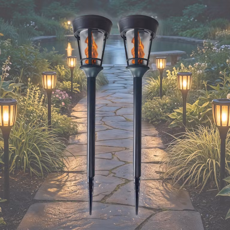 Set da 2 lanterne solari a LED con effetto fiamma, grado di protezione IP44, colore nero opaco