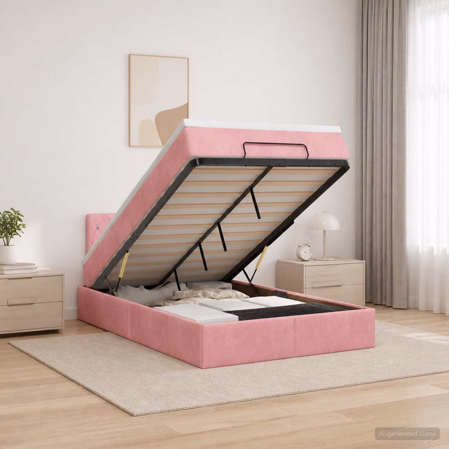 Letto ottomano con materasso vidaXL in velluto rosa e bianco, con contenitore a sollevamento, L/P/H: 200 x 120 x 88 cm
