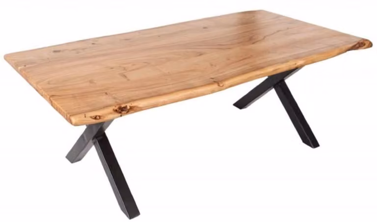 Tavolino Casa Padrino in legno massello con gambe in metallo colore naturale / nero 118 x 60 x h. 40 cm - Tavolo rettangolare da soggiorno - Mobili da soggiorno in legno massello