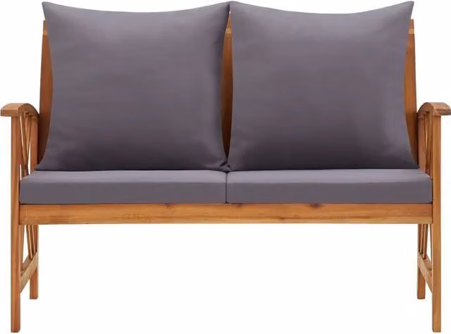 Panca da giardino vidaXL in legno di acacia oliato con cuscini grigi e braccioli, L: 119 cm