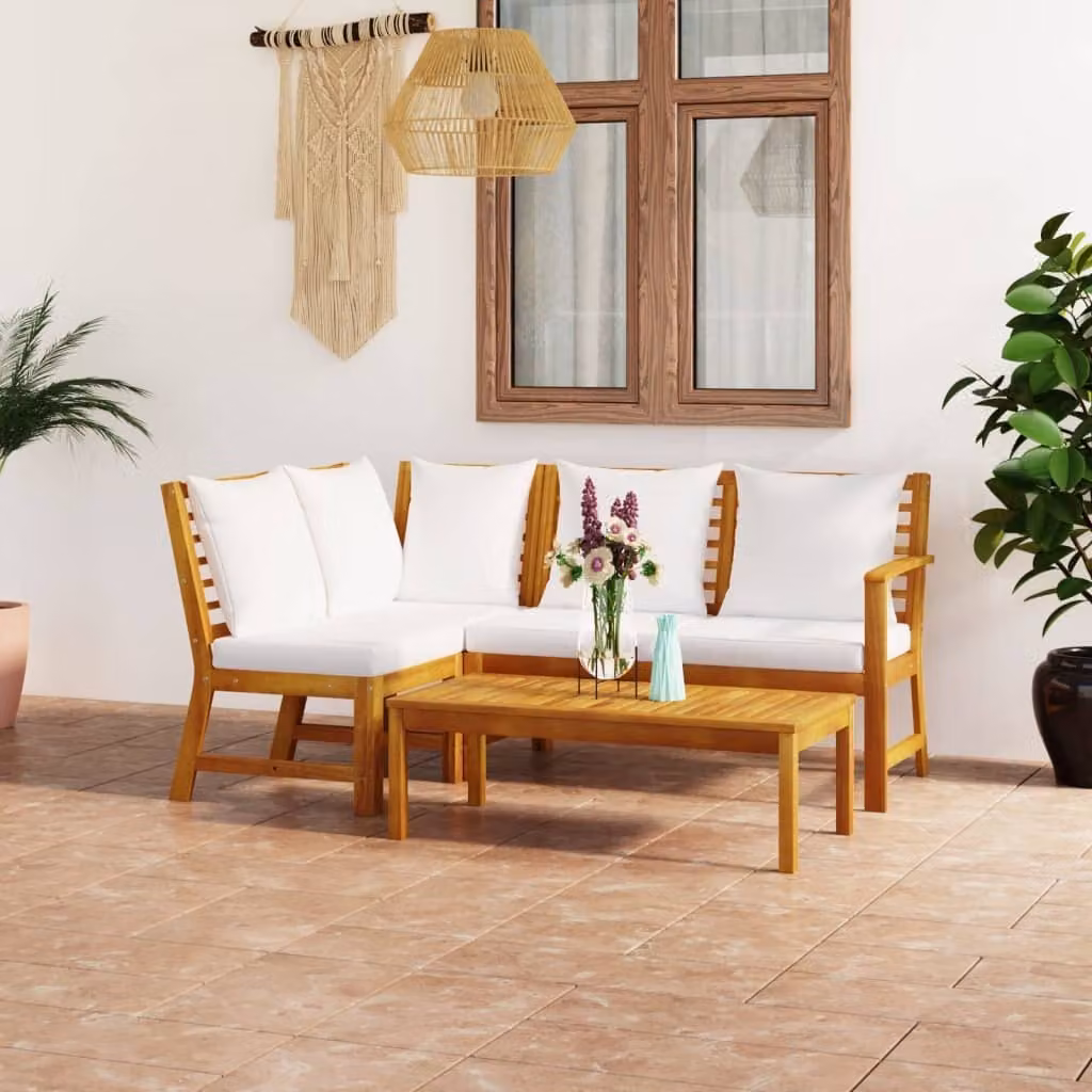 The Living Store Set da giardino 4 pezzi con cuscini in legno massiccio di acacia color crema