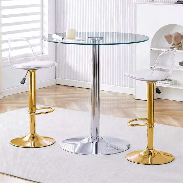 Set da bar con 2 sgabelli regolabili e girevoli in vetro; metallo e plastica oro argento trasparente