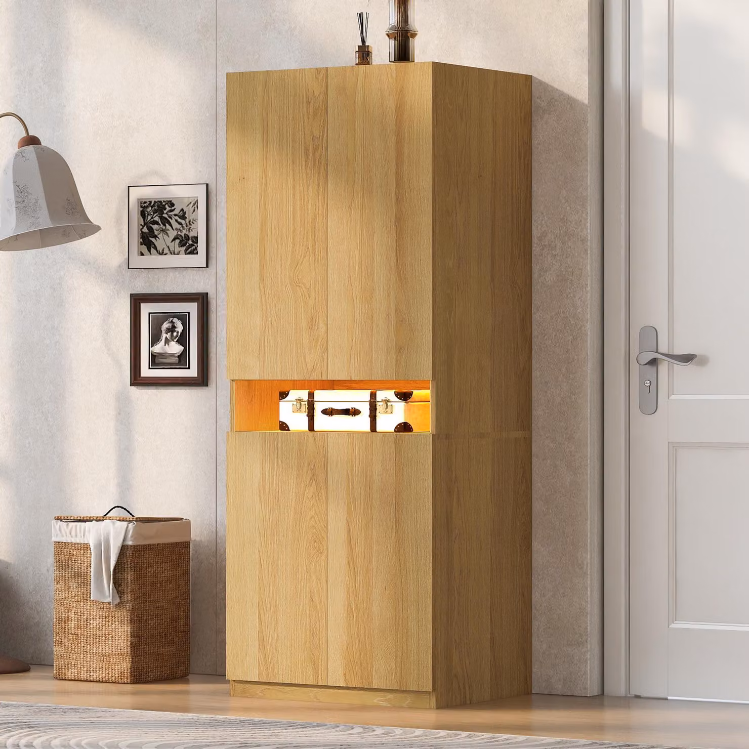 Armadio Merax con 2 ante e illuminazione a LED, armadio singolo con barra appendiabiti e ripiani, armadio per bambini con ampio spazio di stoccaggio, colore legno