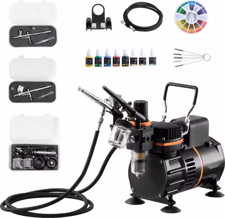 Set aerografo 1/6 hp - Compressore d'aria con 3 pistole a doppia azione - Ugelli da 0,3/0,3/0,8 mm - Tubo flessibile e vernice acrilica - 2 ventole - Per la decorazione di torte, la pittura di modelli e la nail art