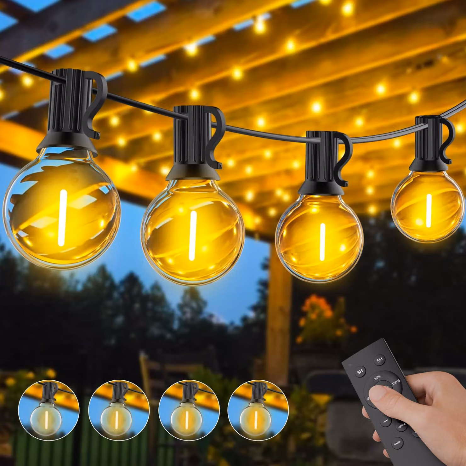 Catena luminosa per esterni, 30 metri, 50+2 lampadine, luce bianco caldo, dimmerabile, impermeabile