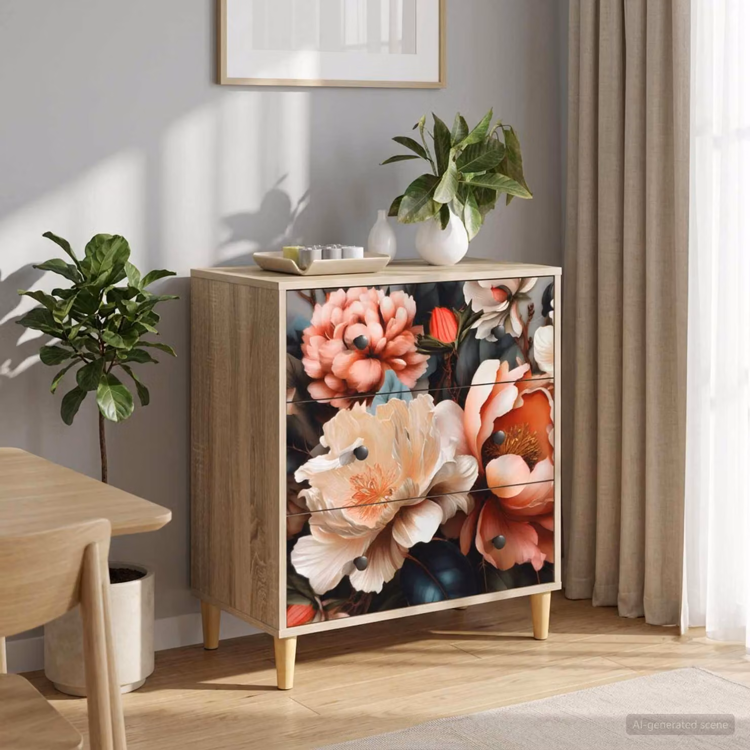 Cassettiera vidaXL BORNE con stampa floreale di peonia chiara, colore marrone, L 66 cm x P 36,5 cm x H 75 cm