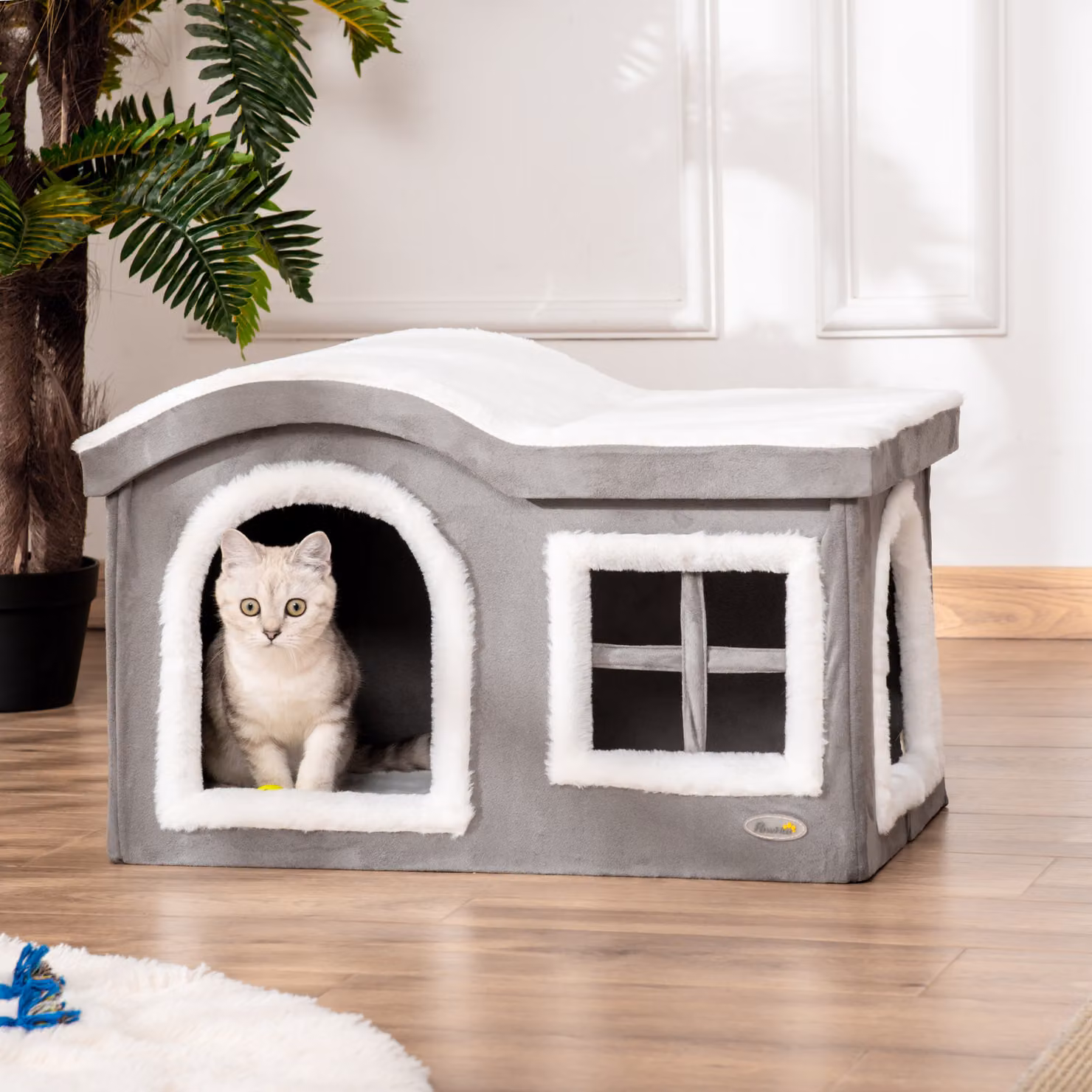 Casetta per gatti da interno Pawhut con 2 entrate, finestra, cuscino e base antiscivolo, Grigio, L 63.5 cm x P 37 cm x H 40 cm – 2