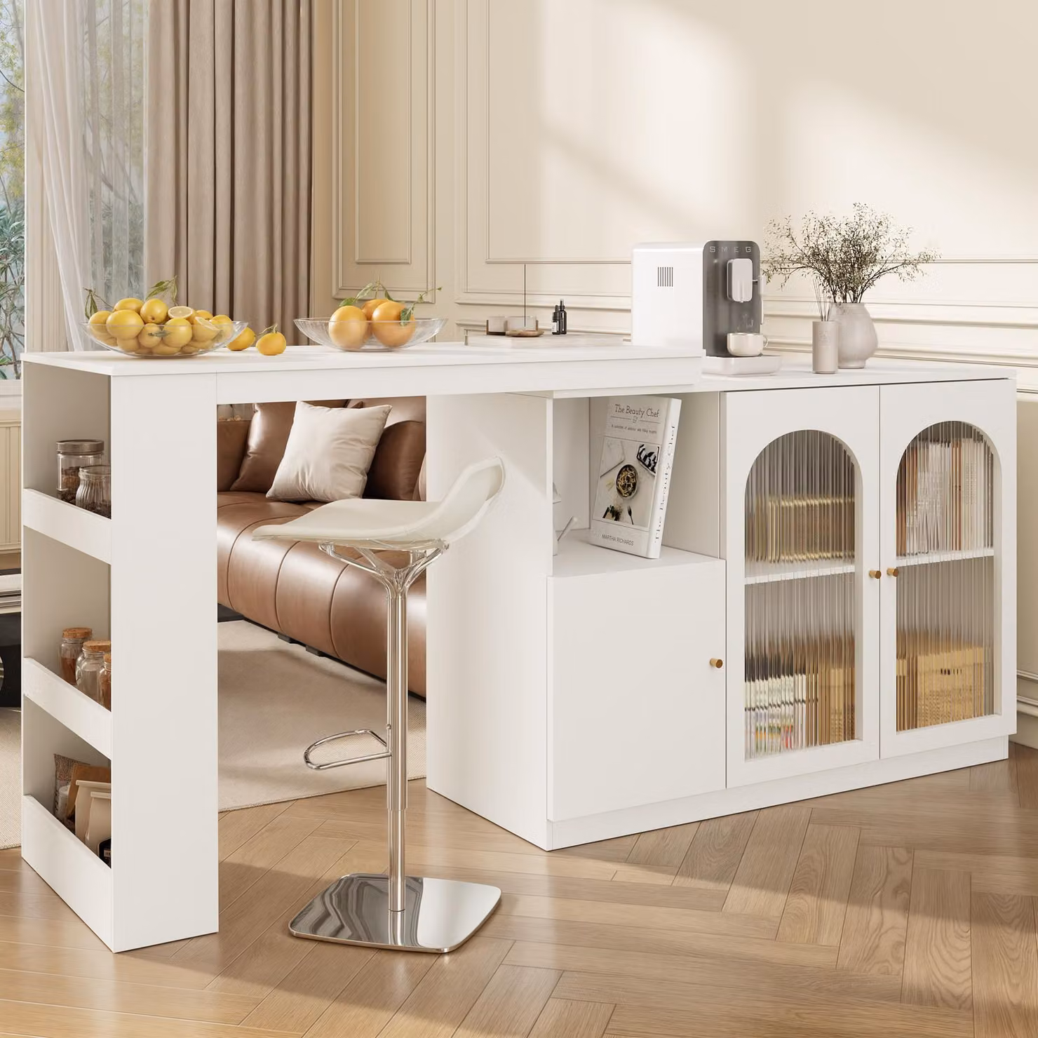 Fortuna Lai Tavolo da bar girevole a 360° (corpo principale 120 x 40 x 97 cm), moderno e semplice mobile da pranzo e bar girevole bianco, mobile contenitore multifunzionale con ante in vetro
