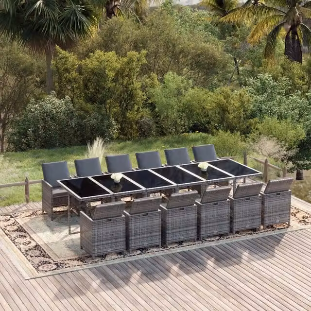 Set da pranzo per giardino vidaXL da 13 pezzi in polyrattan con cuscini e piano in vetro, Grigio e Nero