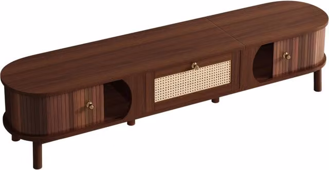 Mobile TV in legno massiccio con ante e cassetti in rattan naturale, 170x39,5x38 cm