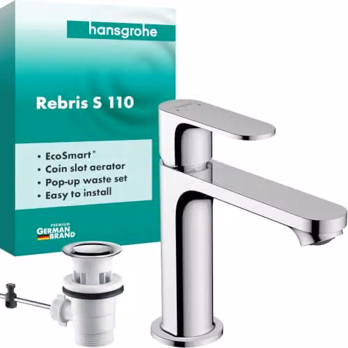 hansgrohe Rebris S - Rubinetto per lavabo con scarico a tirante, Miscelatore lavabo risparmio idrico (EcoSmart) con altezza bocca 109 mm, cromo, 72517000