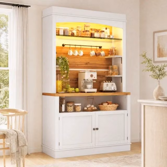 Mobile alto da cucina con LED RGB; ripiani in vetro e 6 ganci; 107x34x184 cm; bianco