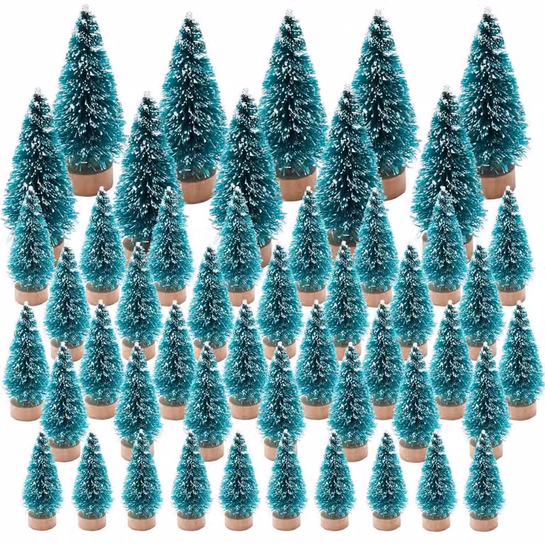 Mini albero di Natale artificiale, confezione da 50 pezzi, disponibile nelle dimensioni 3,5/4,5/6,5/8,5 cm, con base in legno ed effetto neve