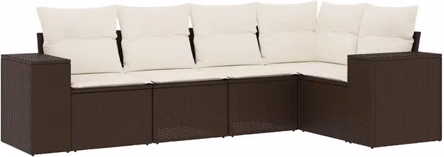 Set Divano da Giardino a L 5 Pezzi DESIGN IN con Cuscini Marrone e Bianco in Polyrattan e Struttura in Acciaio – 1