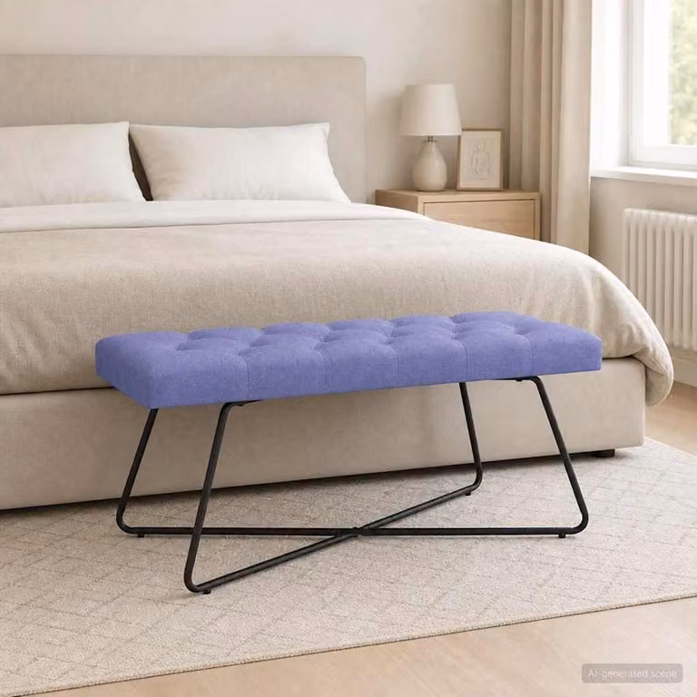Panchina imbottita con bottoni vidaXL Blu jeans L: 110 cm, P: 40 cm, H: 46 cm