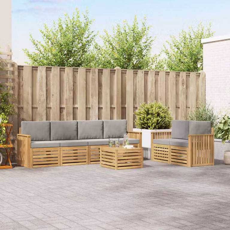 Set di divani da esterno vidaXL 7 pezzi in legno di acacia con tavolo da caffè e cuscini, Bianco e Grigio