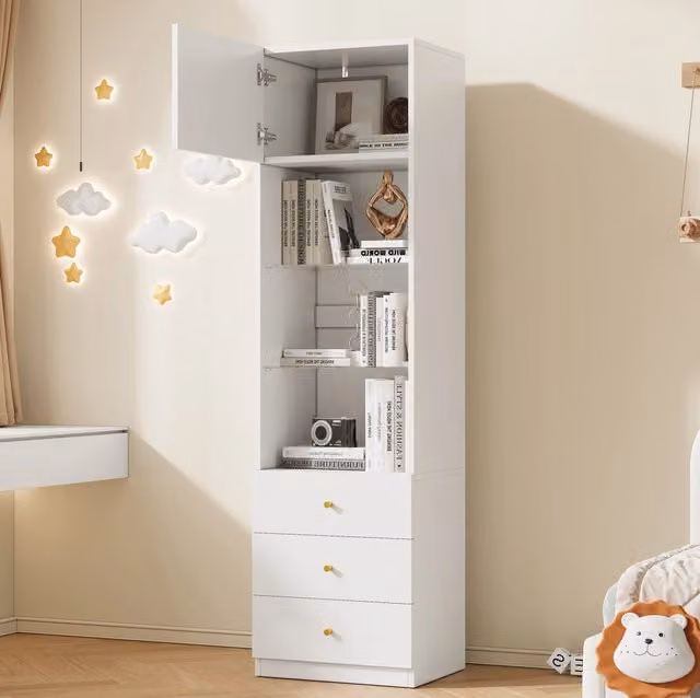 Mobile vetrina contenitore con un'anta; ripiani in vetro regolabili e 3 cassetti; MDF; bianco; 50 x 40 x 180 cm