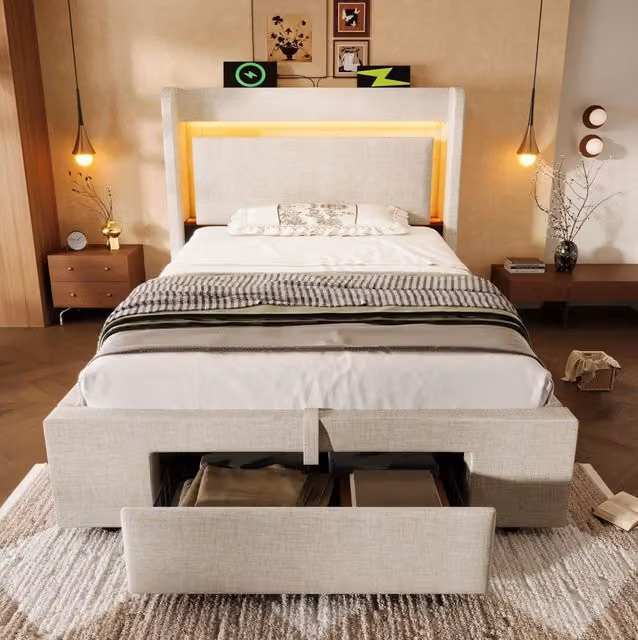 Letto imbottito MODFU beige con contenitore, testiera con porta USB, illuminazione LED e mensola integrata, L/P: 90 x 200 cm