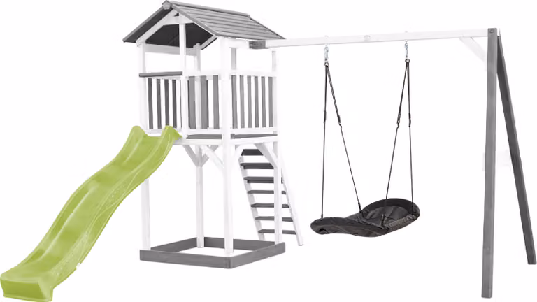 AXI Beach Tower parco giochi in legno in grigio e bianco | Torre di gioco per bambini con sabbiera, altalena a nido e scivolo verde lime | Casa per bambini su palafitte per il giardino