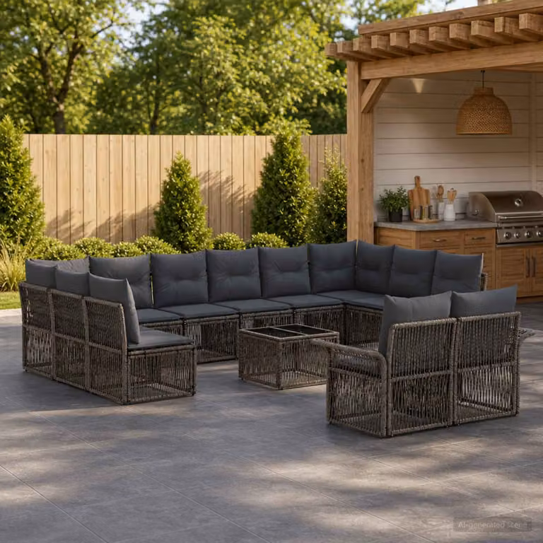 Set Divano da Giardino vidaXL a forma a U con 13 pezzi, Grigio, con Tavolino e Cuscini inclusi