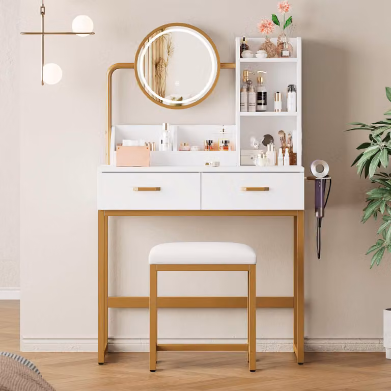 Zimilo: toeletta con specchio a LED, prese di corrente e porta USB, sgabello, 2 cassetti, gambe in metallo dorato, set da toeletta, 80×138,5×40 cm, bianco