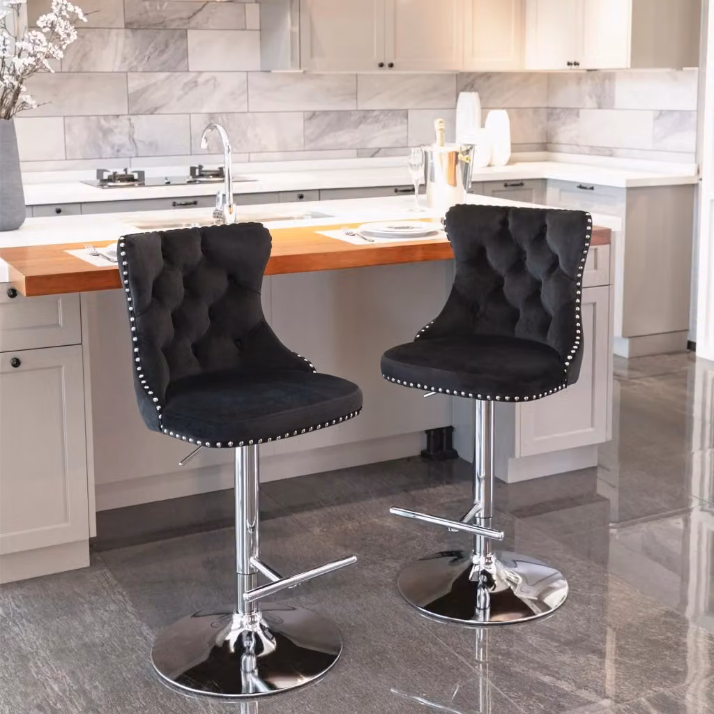 Sgabello da bar girevole OKWISH in velluto nero con base cromata e schienale ergonomico per cucina e soggiorno – 2