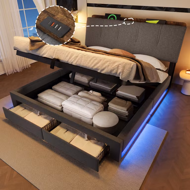 Letto imbottito Merax 140x200 cm, supporto idraulico, funzione di ricarica USB tipo C, illuminazione a LED, letto piatto, letto matrimoniale, lino, grigio